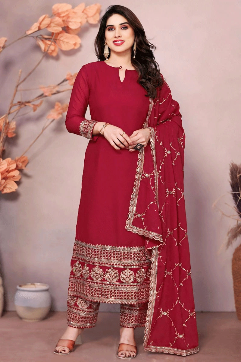 Women's Trendy Outfit Maroon Color Long Gown With Dupatta For Lohri