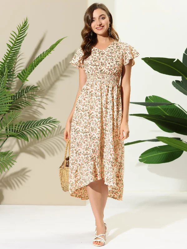 Women's Chic Outerwear Garments Smocked Floral High Low Summer Maxi Dress