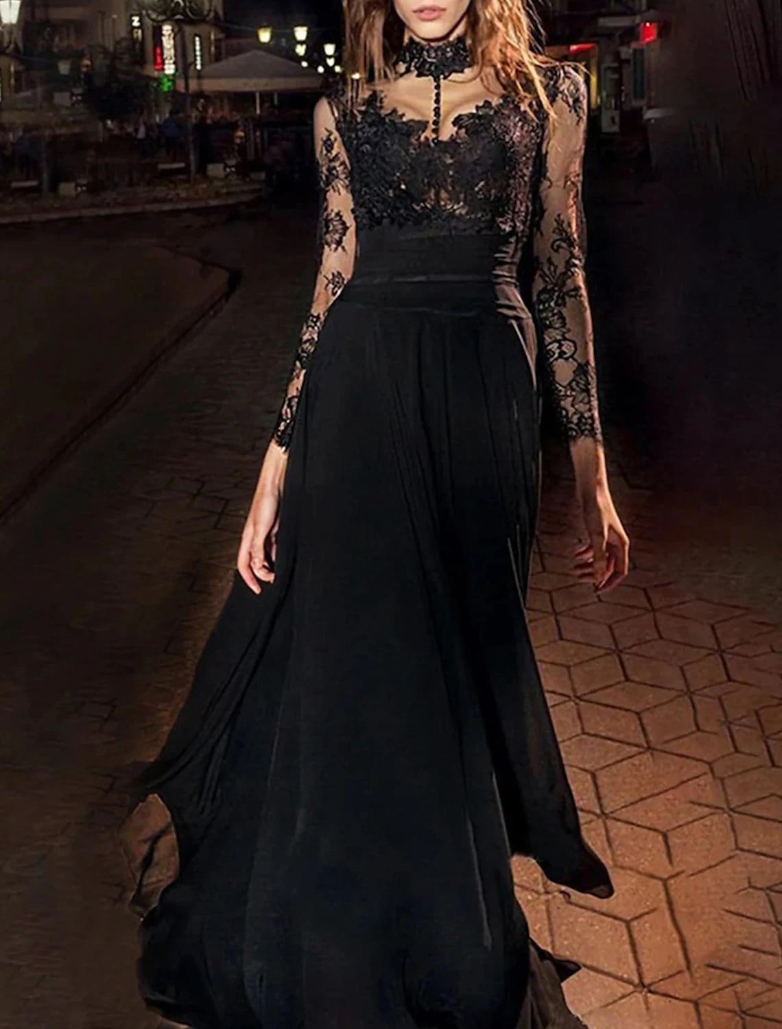 Women's Transitional Garments A-Line Evening Gown Vintage Dress Masquerade Floor Length Long Sleeve High Neck Black Dress Chiffon with Appliques