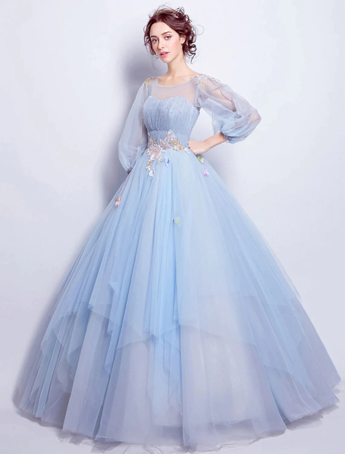 Casual Outfit For Women Elegant Floral Puffy Engagement Dress Neck Length SleeveFloor Length Tulle with Pleats Appliques