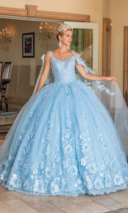 Women's Evening Wear Sky Blue Ball Gown Quinceanera Dresses Princess Dress Tulle with Appliques