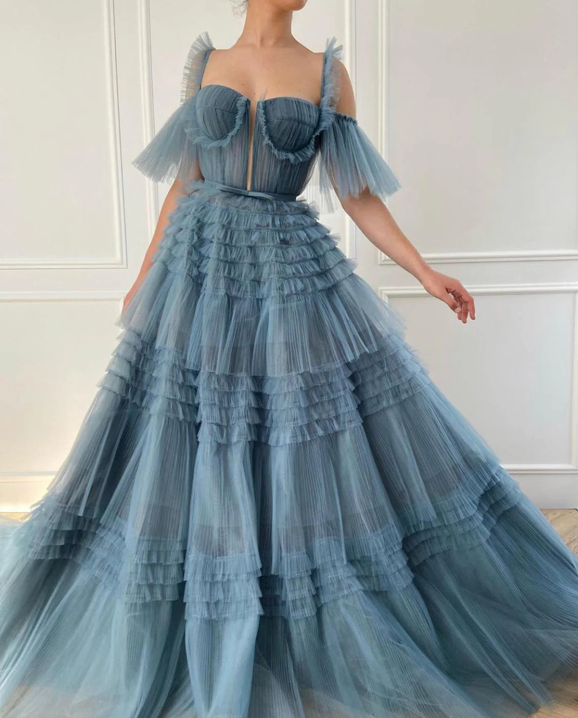 Women's Plus-Size Garments Cute A-Line Blue Ruffled Gown Tulle Floor-length Prom Dress