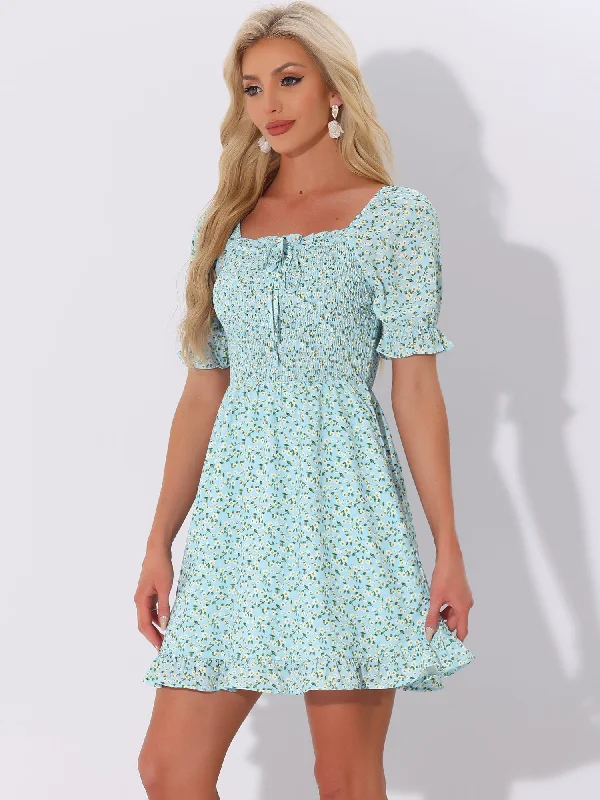 Women's Activewear Apparel Puff Sleeve Square Neck Ruffled Hem Floral Smocked Dress