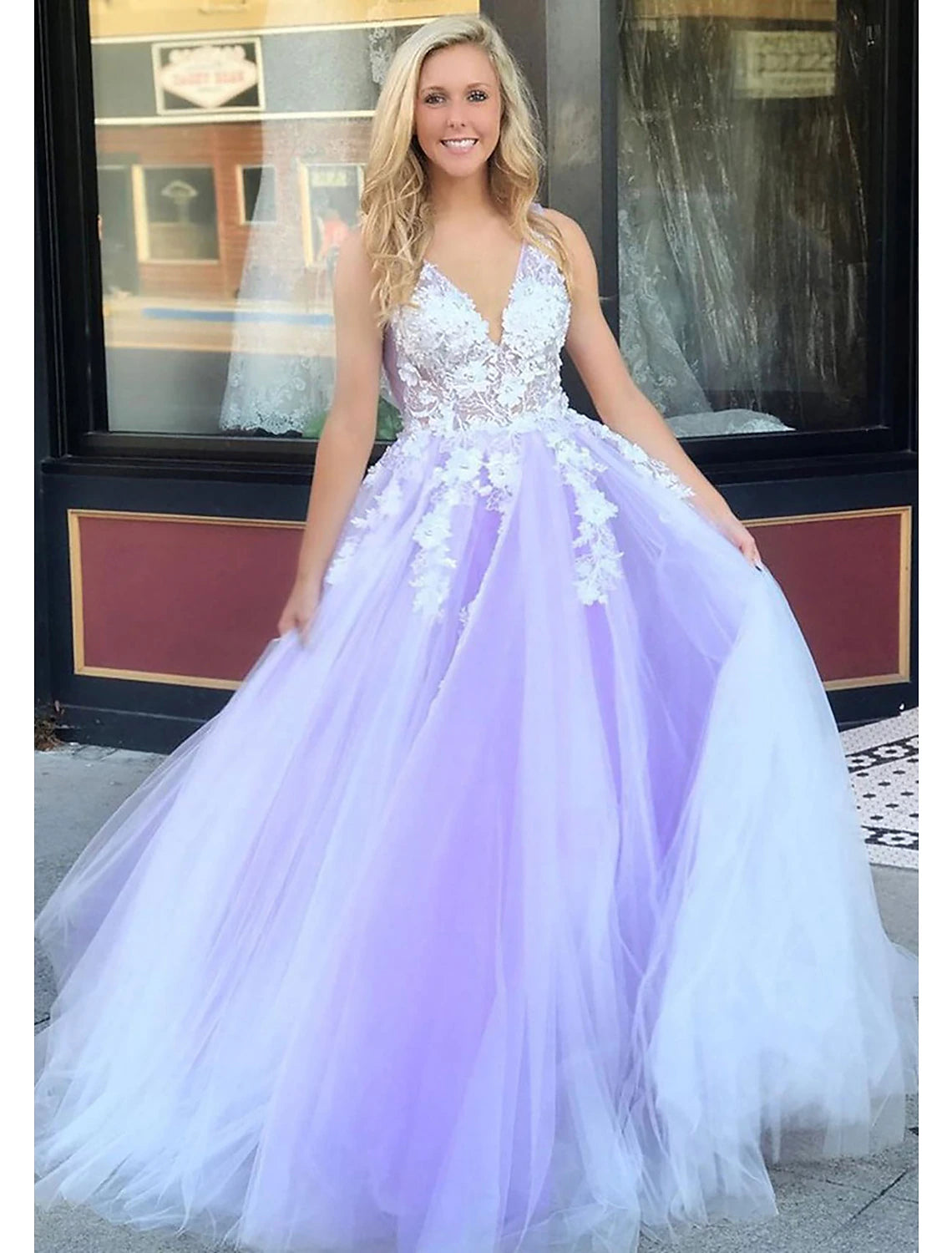 Women's Trendy Clothes Ball Gown A-Line Prom Dresses Color Block Dress Formal Prom Floor Length Sleeveless V Neck Tulle Backless V Back with Beading Appliques