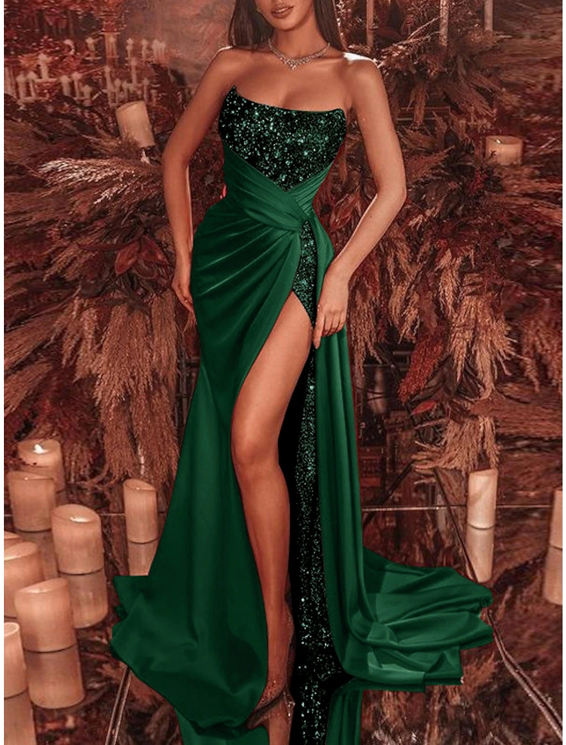 Women's Plus-Size Outfit Sheath Black Dress Evening Gown Christmas Red Green Dress Formal Court Train Sleeveless Strapless Sequined with Ruched Sequin Slit