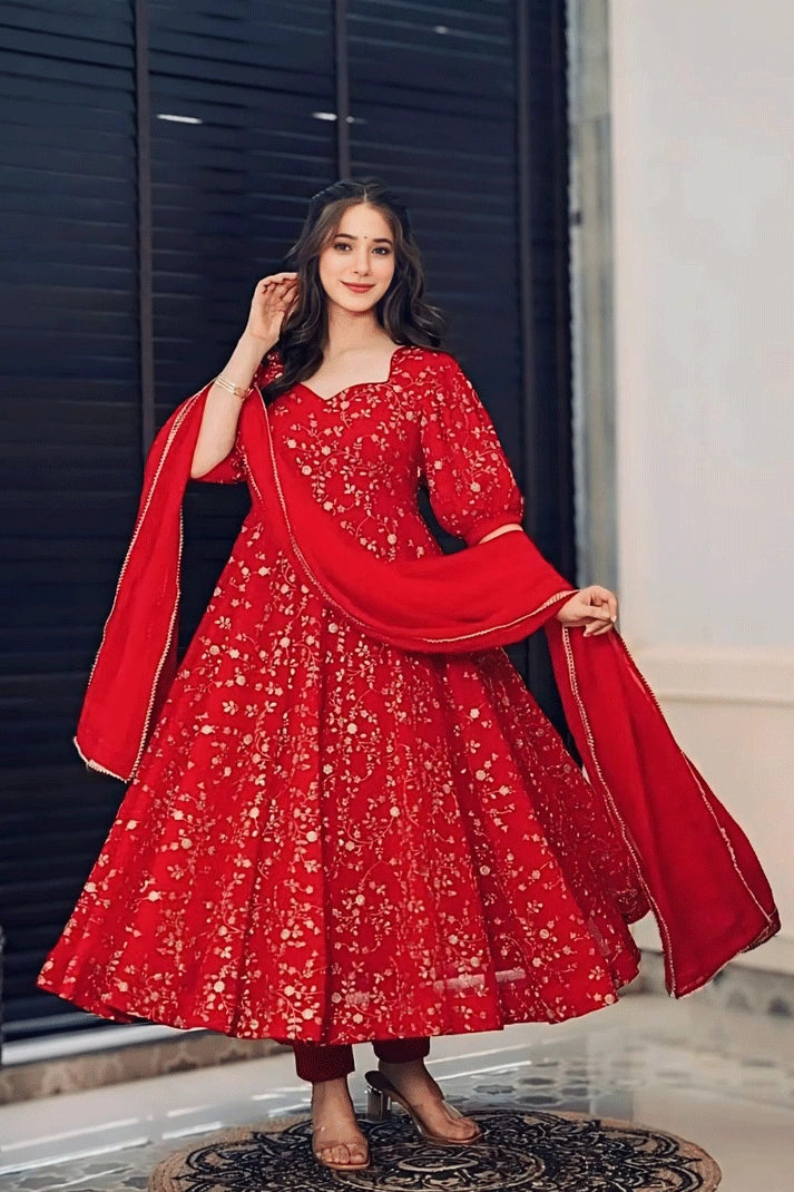 Workwear Fashion for Women Karwa Chauth Special Embroidery Work Red Gown For Women