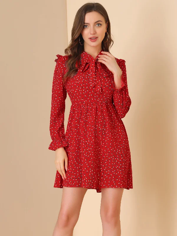 Women's High-Fashion Attire Floral Print Tie Neck High Waist Long Sleeve Ruffle Cuff Mini Dress