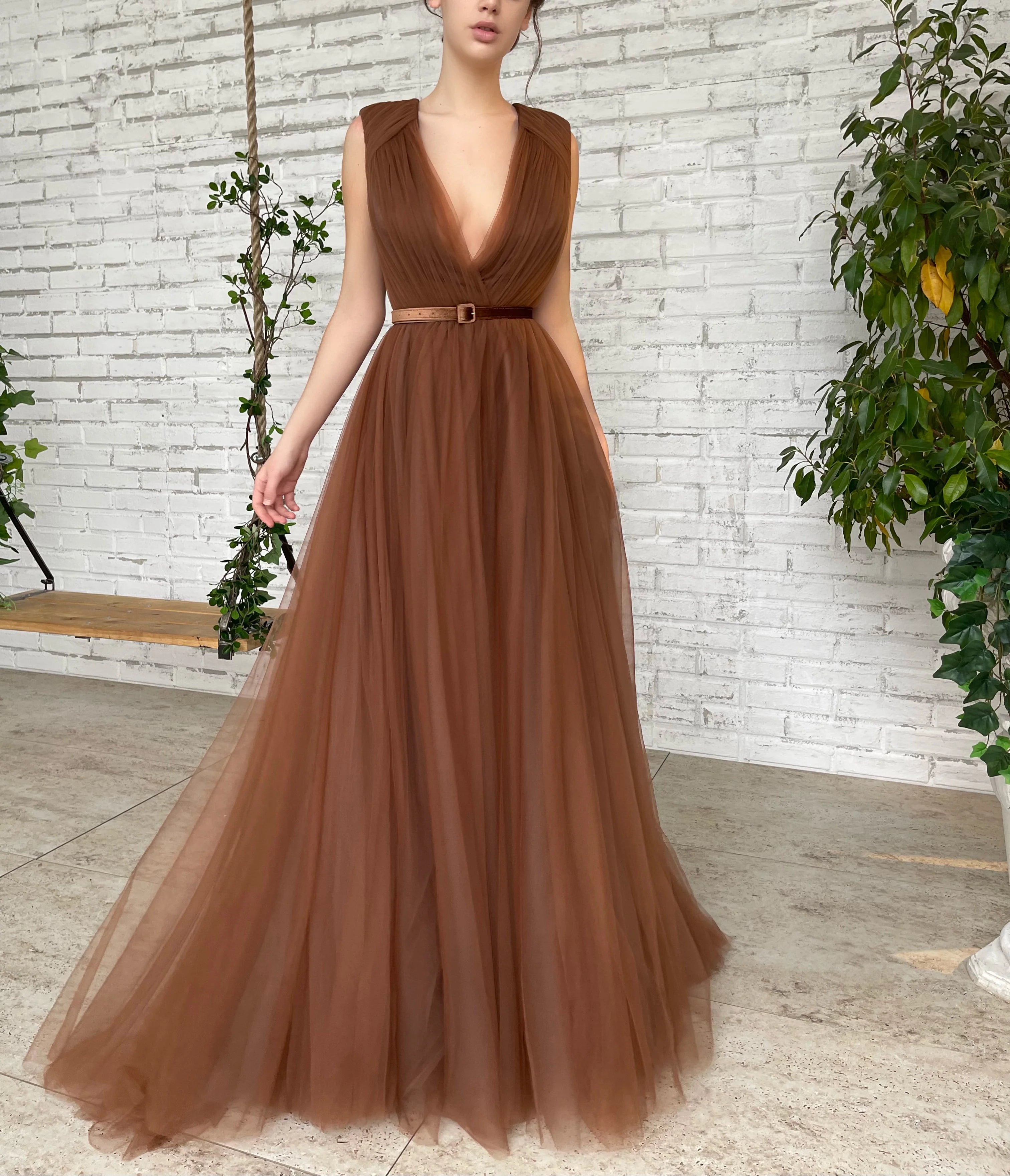 Timeless Women's Garments Mocha Pleated Gown Deep V-Neck Tulle Prom Dress Party Dress Wtih Belt