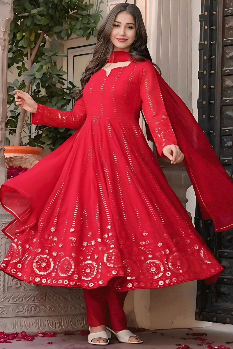 Women's Casual Dresses Full Sleeve Ready To Wear Red Colour Gown For Karva Chauth