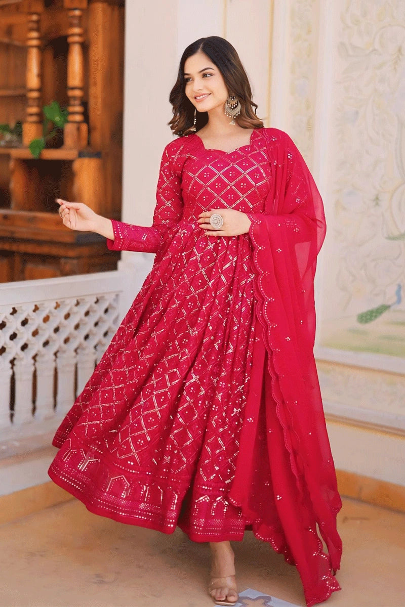 Casual Dresses for Women Embroiderey Work Rani Colour Karwa Chauth Gown