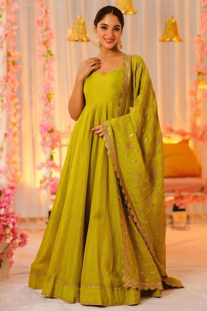 Stylish Everyday Clothing Mehendi Color Long Gown For Haldi Function