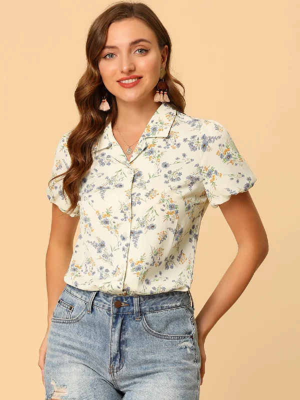 Women's Athletic Outfit Floral Notched Lapel Summer Casual Button Up Short Sleeve Shirt