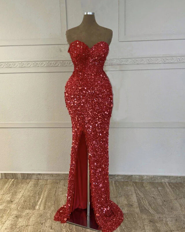 Women's Comfortable Lounge Garments Mermaid Red Sequin Strapless Gown Prom Dresses With Slit