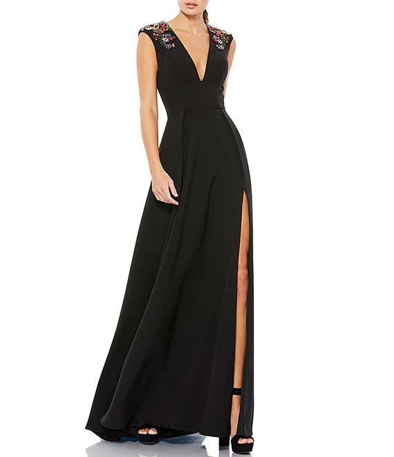 Chic Women's Clothing Online Beaded Shoulder Deep V-Neck Cap Sleeve Thigh High Slit A-Line Gown Formal Cocktail Dresses