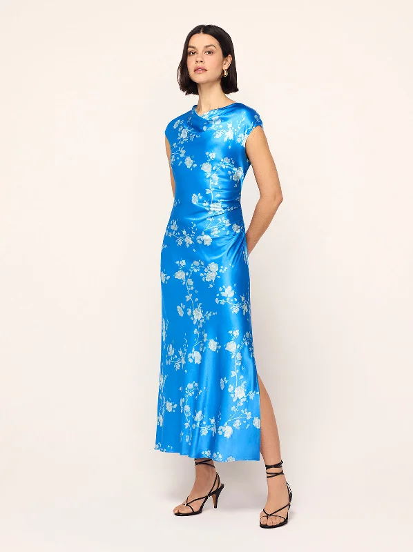 Women's Transitional Attire Daniella Blue Trailing Floral Print Dress