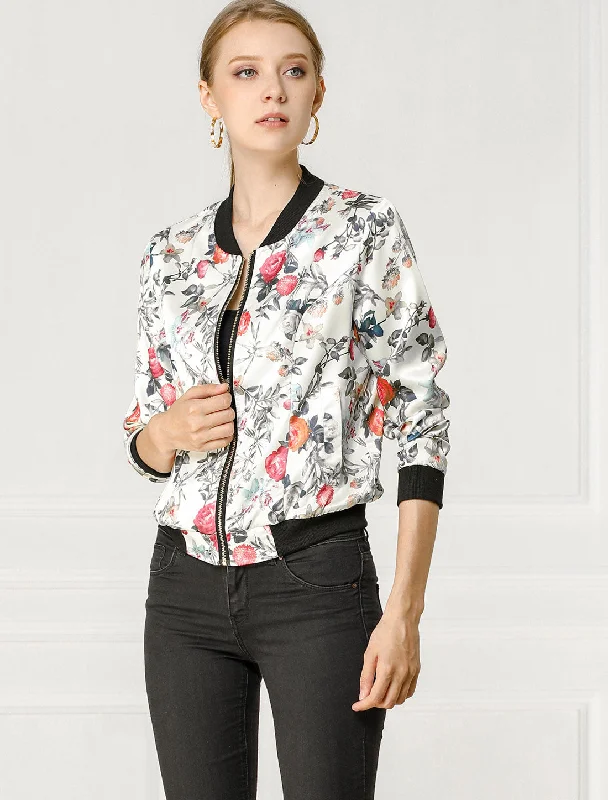 Women's Vacation Outfit Set Stand Collar Zip Up Floral Print Bomber Jacket