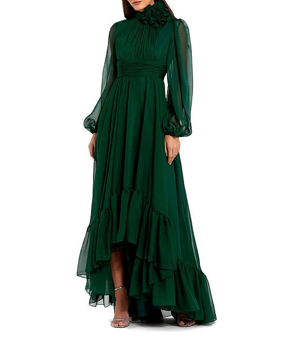 Workwear Fashion for Women Chiffon 3D Flower Turtle Neck Illusion Long Balloon Sleeve Ruffle Hem High Low Gown Cocktail Dresses