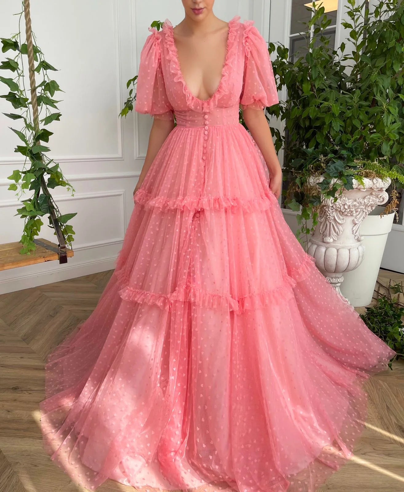 Women's Clothing For Everyday Wear V-Neck Long Prom Dress Rose Romance Tulle Gown