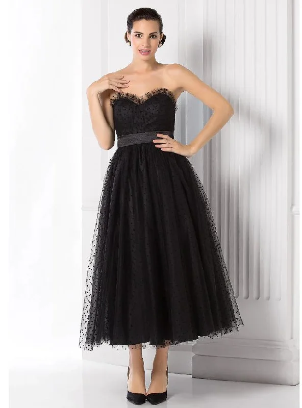 Women's Office Outfit Ball Gown Little Black Dress Dress Holiday Tea Length Sleeveless Sweetheart Tulle with Sash / Ribbon