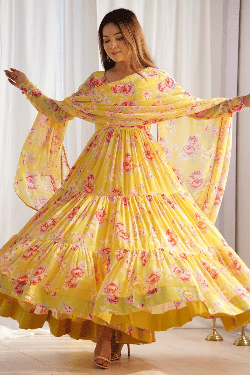 Casual Women's Clothing Yellow Color Anarkali Long Gown For Haldi Rasam