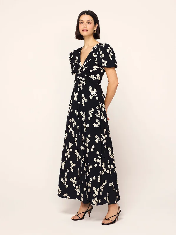 Women's Stylish Vacation Attire Bernice Black Blurred Floral Print Midi Dress