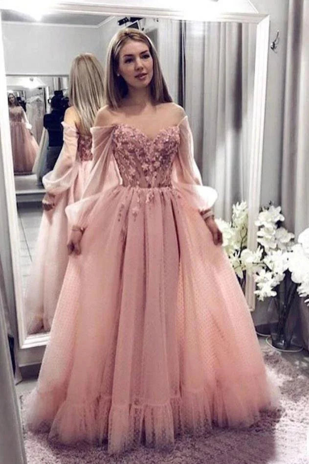 Luxury Women's Fashion Princess Ball Gown Lace Off the Shoulder  With Long Sleeves Prom Dresses