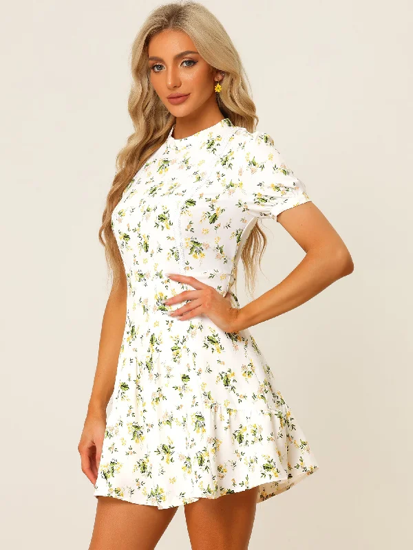 Modern Women's Outfit Floral Printed Short Sleeve Self Tie Summer Mini Dress