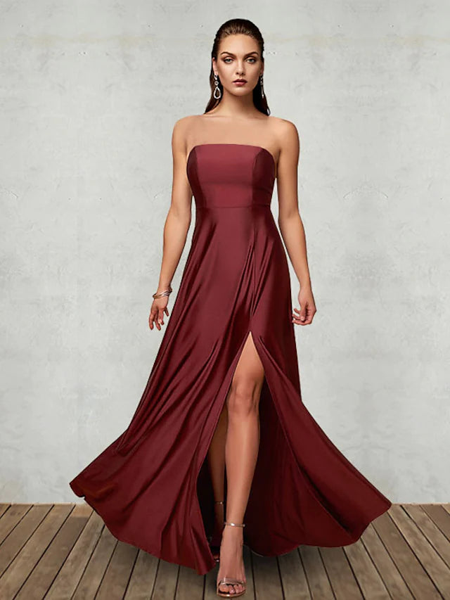 Fashionable Tops for Women Evening Gown Empire Dress Party Wear Floor Length Sleeveless Strapless Chiffon with Pleats Slit