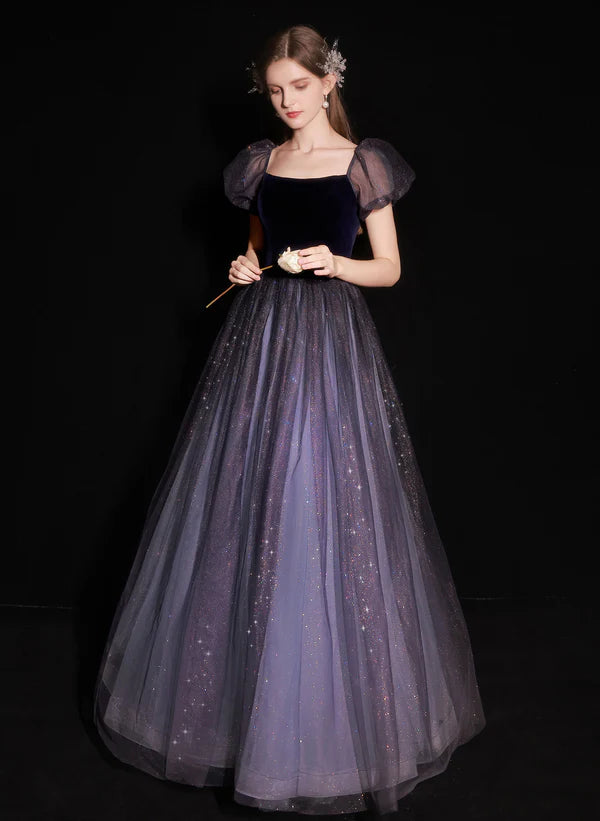 Women's Tops And Clothing A-line Glitter Purple Bubble Sleeved Ballgown Tulle and Velvet Long Prom Dress