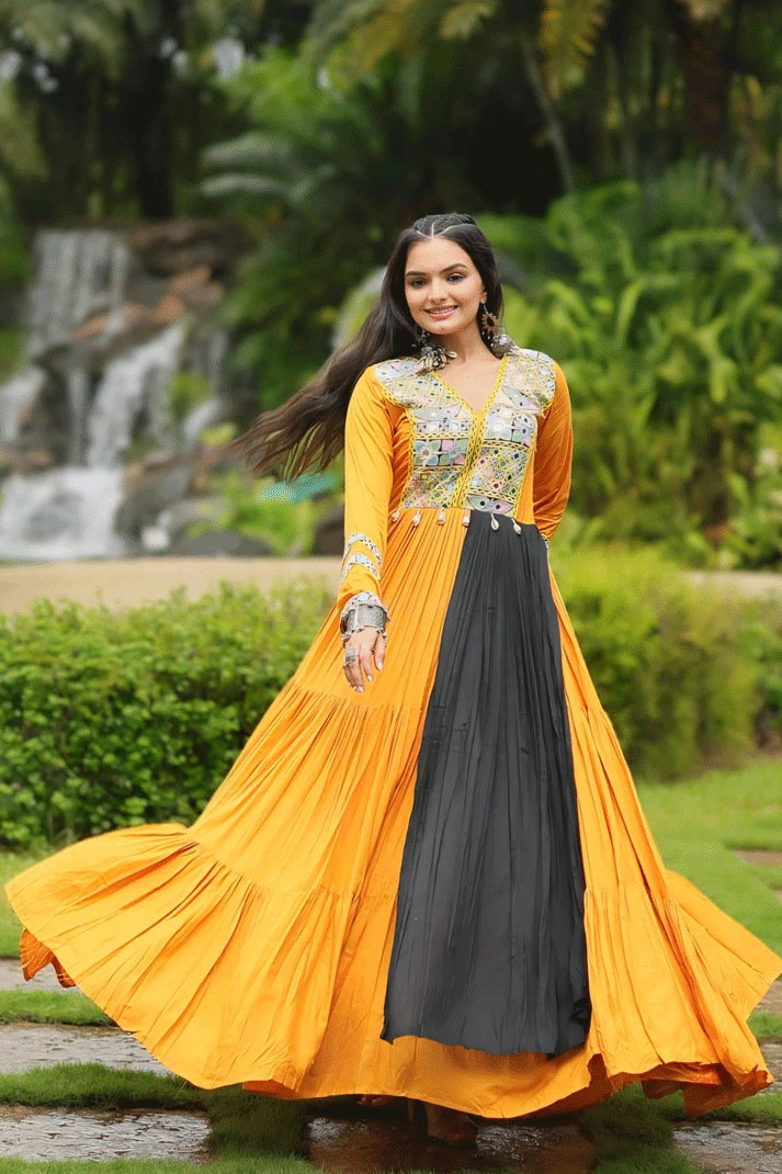 Women's Seasonal Fashion Trends Gamthi Work Fabric Yellow Colour Gown For Garba