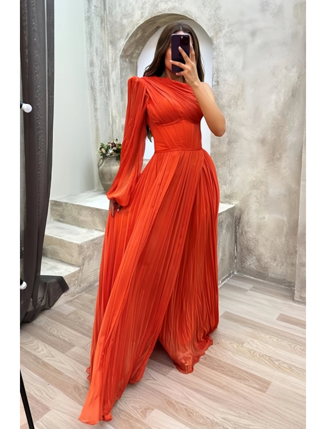 Stylish Outerwear Clothes For Women A-Line Evening Gown High Split Dress Formal Fall Sweep / Brush Train Long Sleeve One Shoulder Chiffon with Pleats Slit