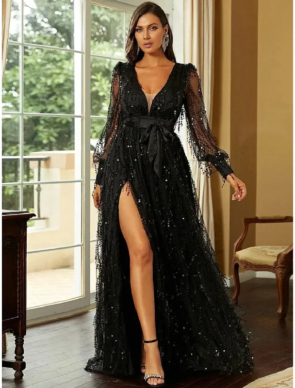 Women's Evening Clothes A-Line Evening Gown Elegant Dress Formal Sweep / Brush Train Long Sleeve V Neck Sequined with Glitter Slit Strappy