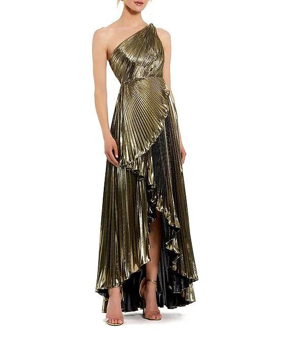 Fashion-forward Women's Clothing Metallic Pleated One Shoulder Sleeveless Faux Wrap Ruffle Hem High Low Gown Cocktail Dresses