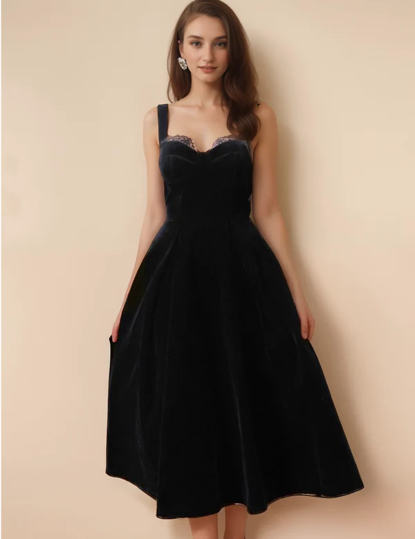 Women's Resort Apparel Spaghetti-straps Sweetheart Tea length lace ball gown Velvet Dress