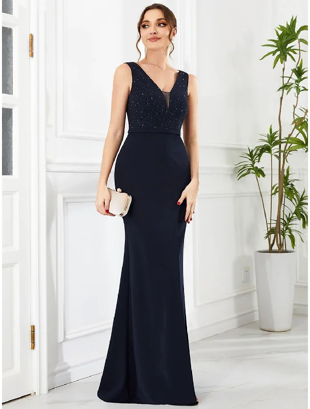 Fashionable Women's Wardrobe Mermaid / Trumpet Evening Gown Glittering Dress Prom Floor Length Sleeveless V Neck Polyester with Belt