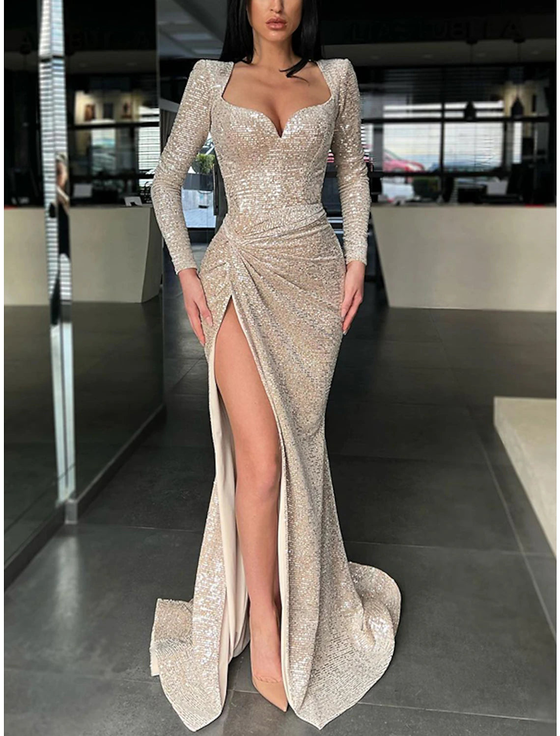 Women's Clothing for All Occasions Sheath / Column Evening Gown Maxi Dress Evening Party Dress Prom Sweep / Brush Train Long Sleeve Sweetheart Sequined with Pleats Sequin Slit