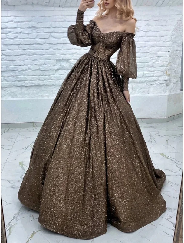 Women's Formal Apparel A-Line Evening Gown Elegant Dress Formal Court Train Long Sleeve Off Shoulder Lurex Fabric with Pleats Strappy