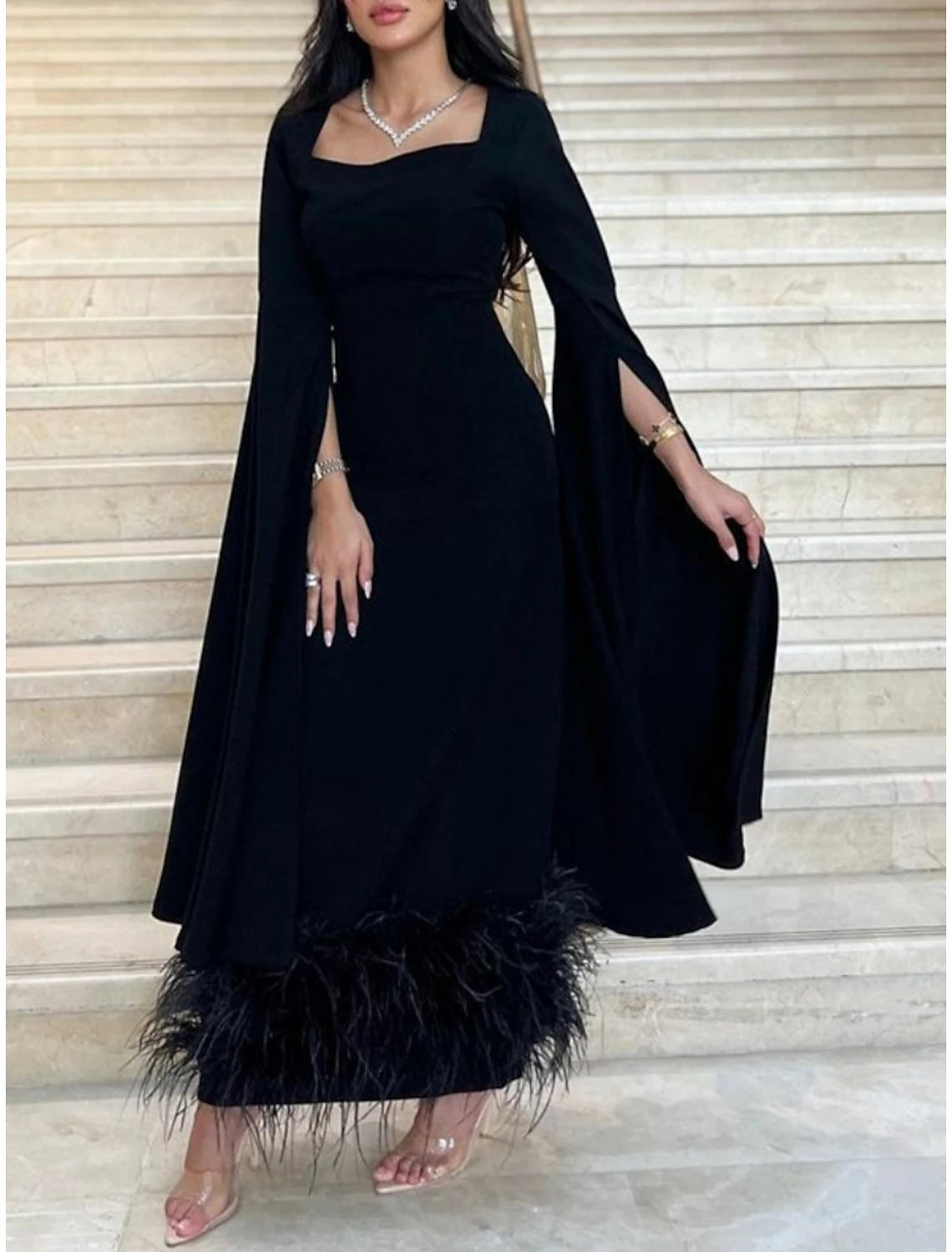 Stylish Women's Outfit Sheath Black Dress Evening Gown Elegant Dress Formal Ankle Length Long Sleeve Square Neck Stretch Fabric with Feather