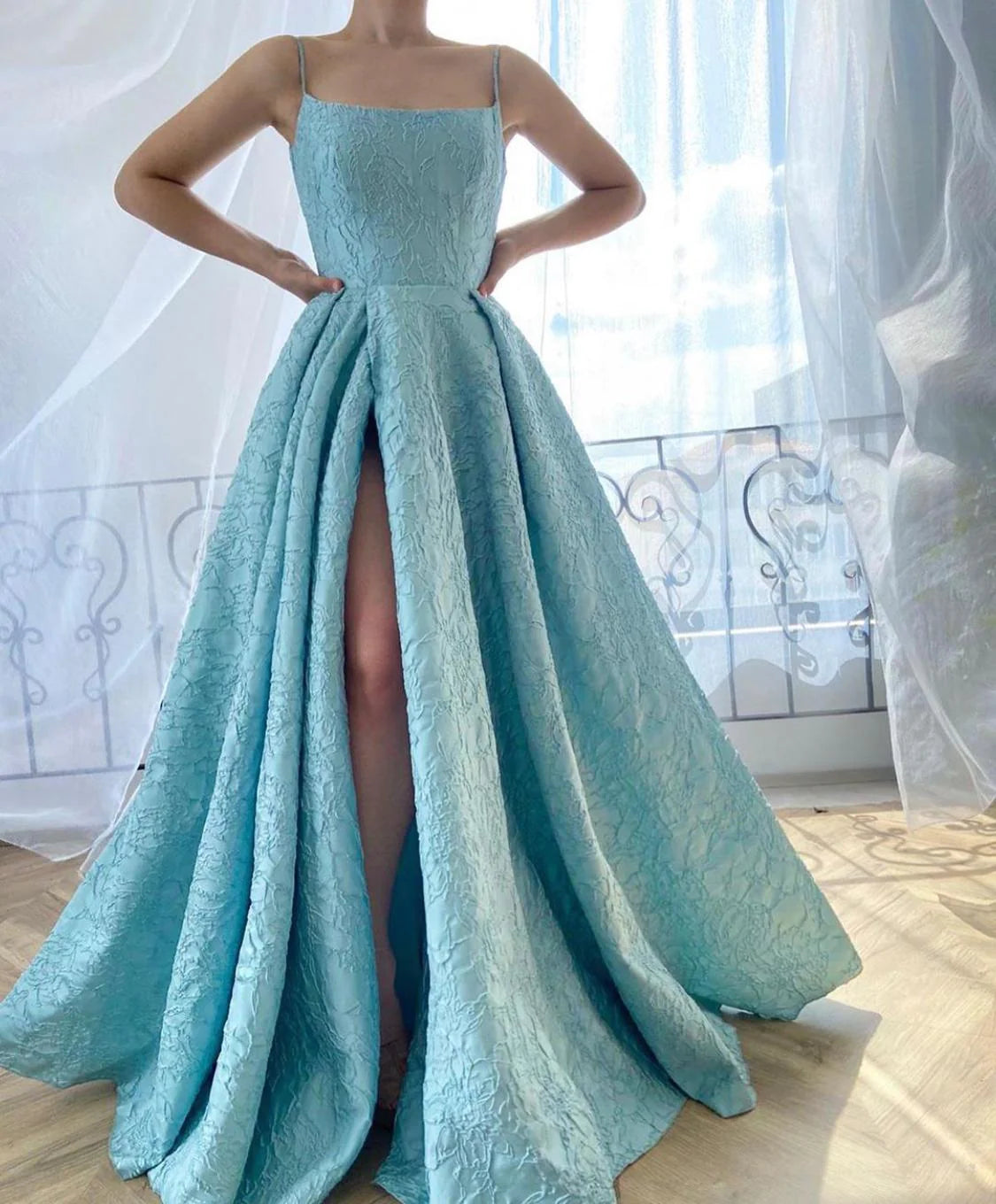 Women's Chic Outerwear Garments A-Line Dreamy Textured Gown Slip Dress Prom Dress With Slit