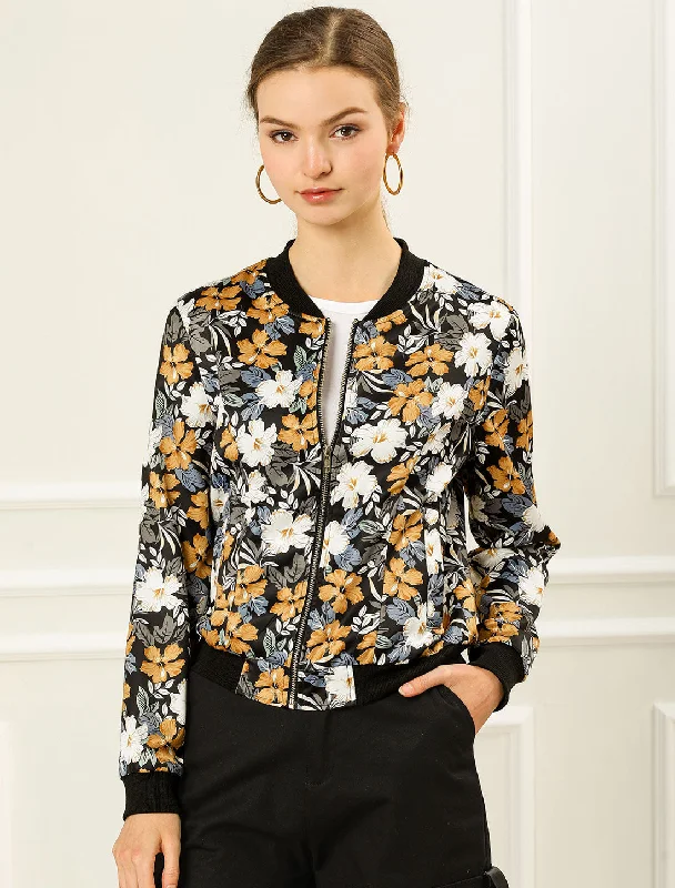 Women's Outfit For The Office Stand Collar Floral Print Zip Up Bomber Jacket