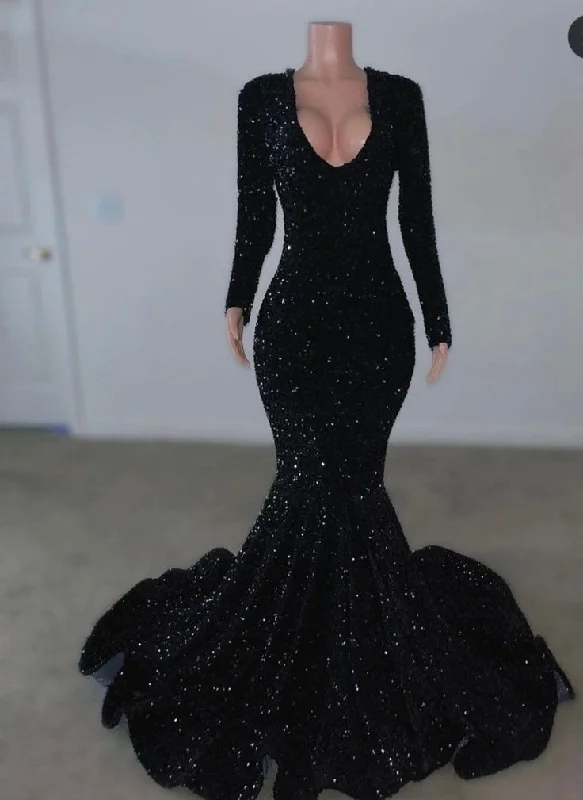 Elegant Clothing For Women Black sequins slit dress , black gown , slit black gown   S3723