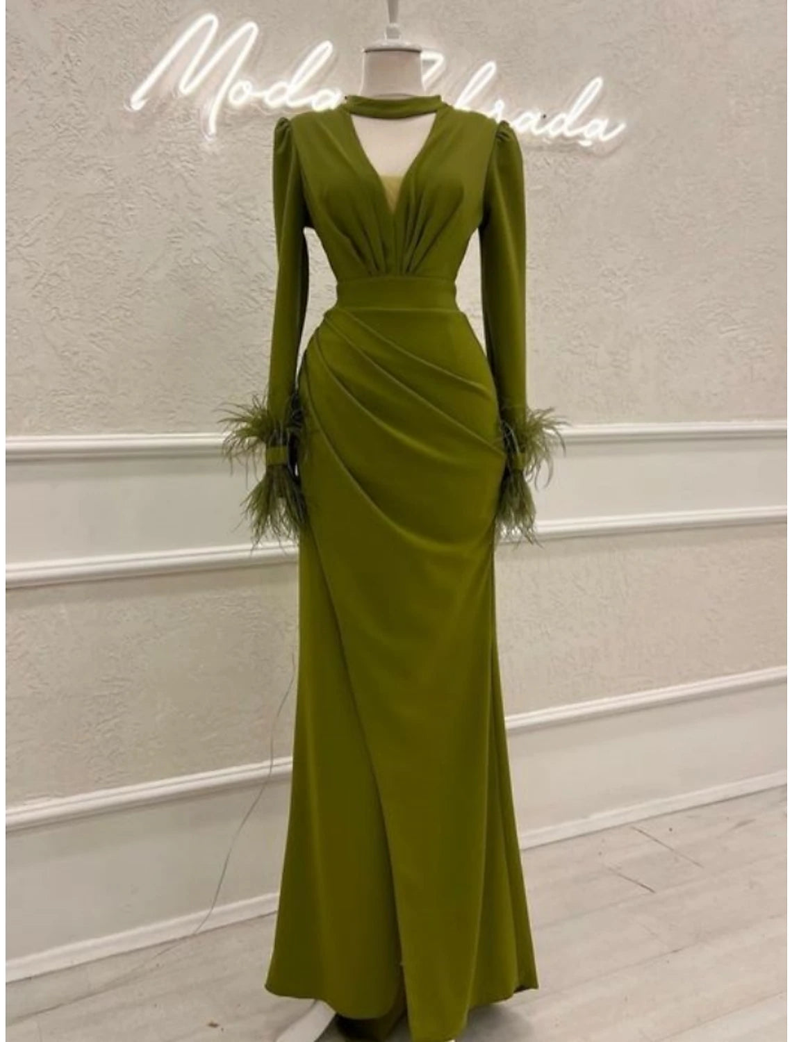 Affordable Women's Outfit Sheath / Column Evening Gown Elegant Dress Formal Christmas Red Green Dress Ankle Length Long Sleeve V Neck Stretch Chiffon with Feather Ruched Slit