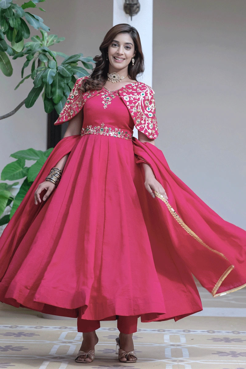 Elegant Women's Fashion Heavy Flair Anarkali Pink Gown For Reception