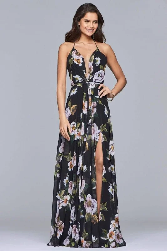 Women's Clothing For Special Occasions Faviana - Plunging Floral Chiffon Evening Dress 7946