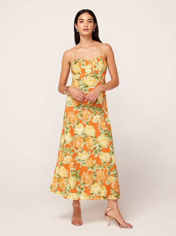 Charming Women's Garments Velma Apricot Painted Floral Print Midi Dress