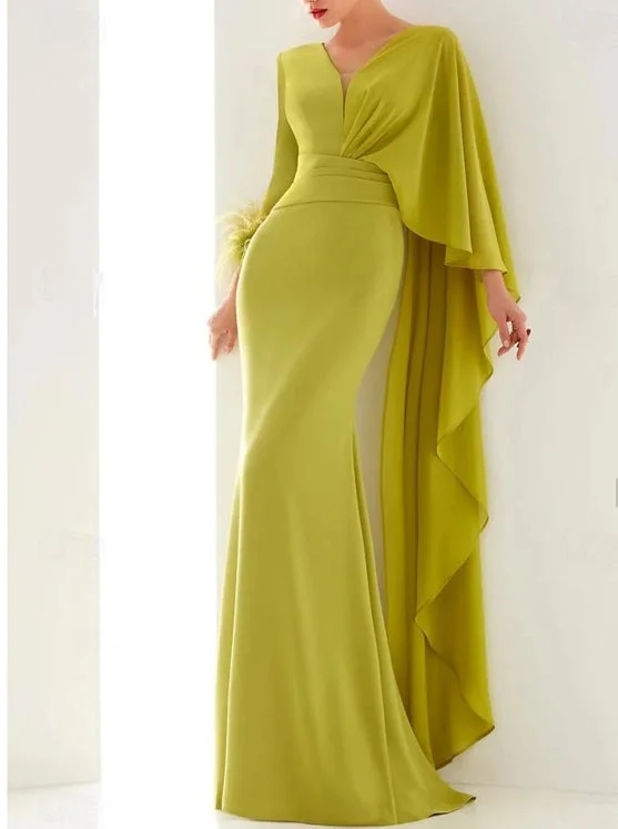 Women's Luxury Apparel Mermaid / Trumpet Evening Gown Elegant Dress Floor Length Long Sleeve V Neck Chiffon with Feather