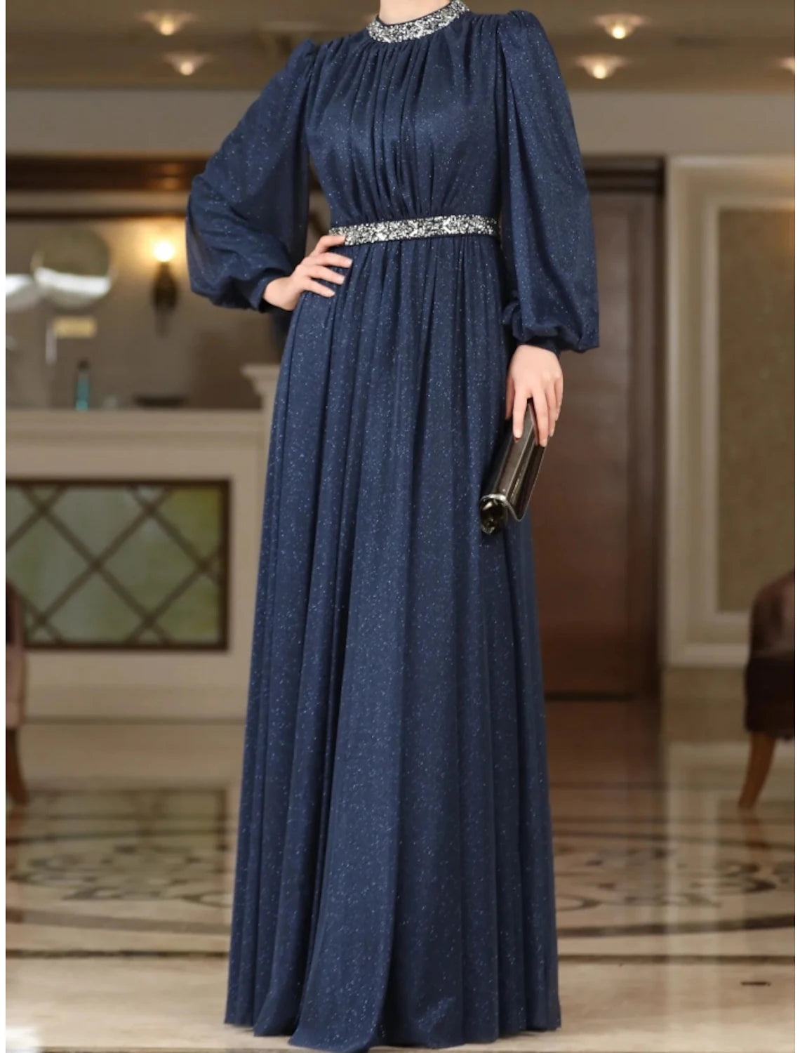 Women's Vintage Garments A-Line Evening Gown Elegant Dress Formal Floor Length Long Sleeve Jewel Neck Lurex Fabric with Rhinestone Pleats