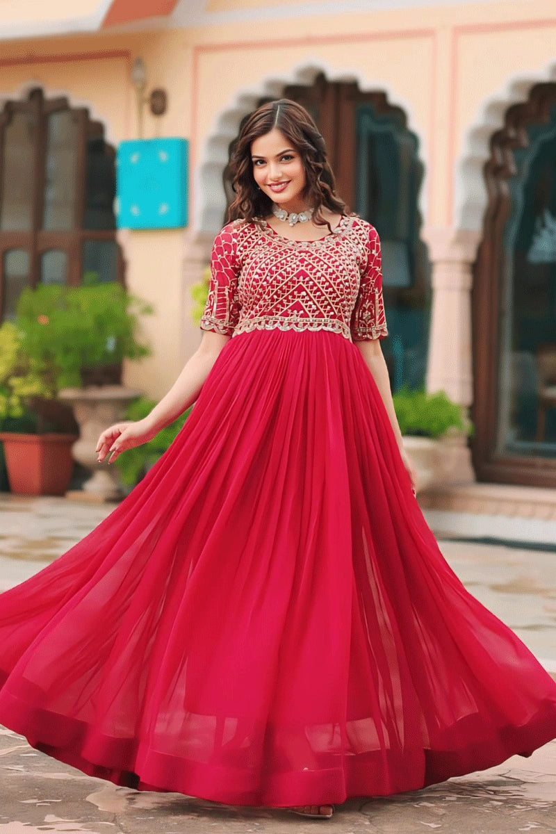 Unique Women's Fashion Pieces Indian Traditional Long Pink Colour Gown For Navratri