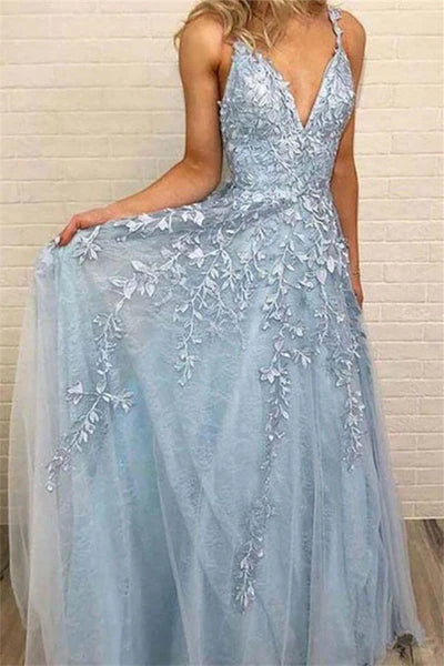 Women's Evening Wear Sky Blue Lace Prom Dresses Deep V-neck A Line Long Party Elegant Floor Length Women Evening Gowns