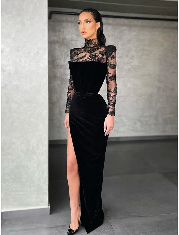 Women's Casual Wear Outfit Sheath / Column Evening Gown Elegant Dress Formal Floor Length Long Sleeve High Neck Lace with Slit